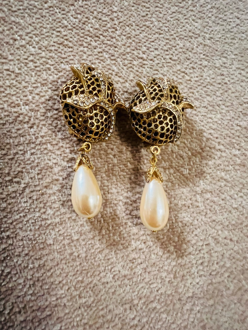 Gold Filigree Drop Earrings with Pearl Teardrops